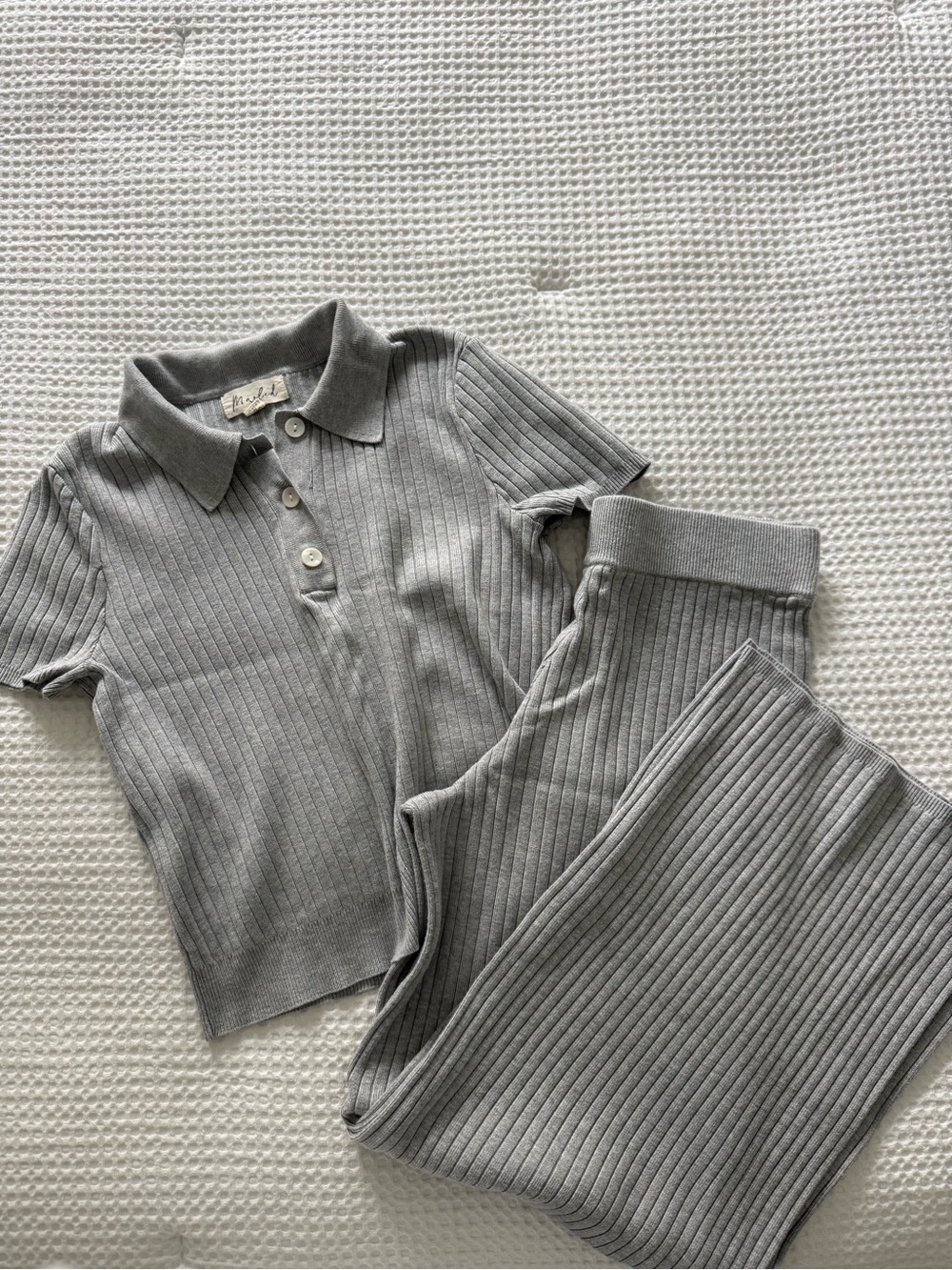 marled ribbed polo and wide leg pant co-ord.